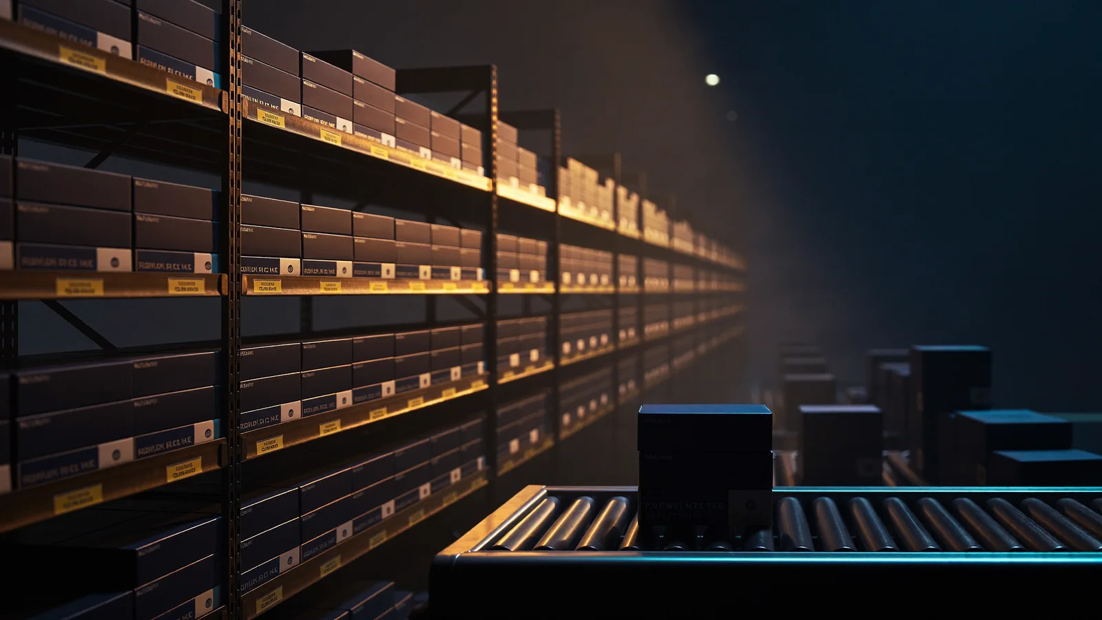 Dark premium fulfillment warehouse with golden lighting